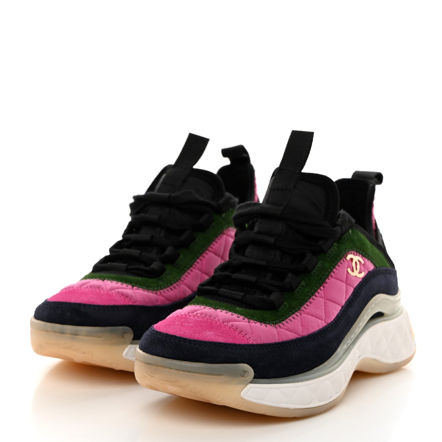 Fabric Suede Calfskin CC Sneakers 35.5 Dark Pink Green