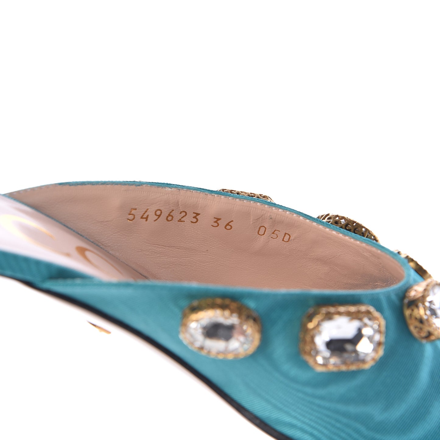Moire Fabric Crystal Embellished Lyric Slide Sandals 36 TurquoIse