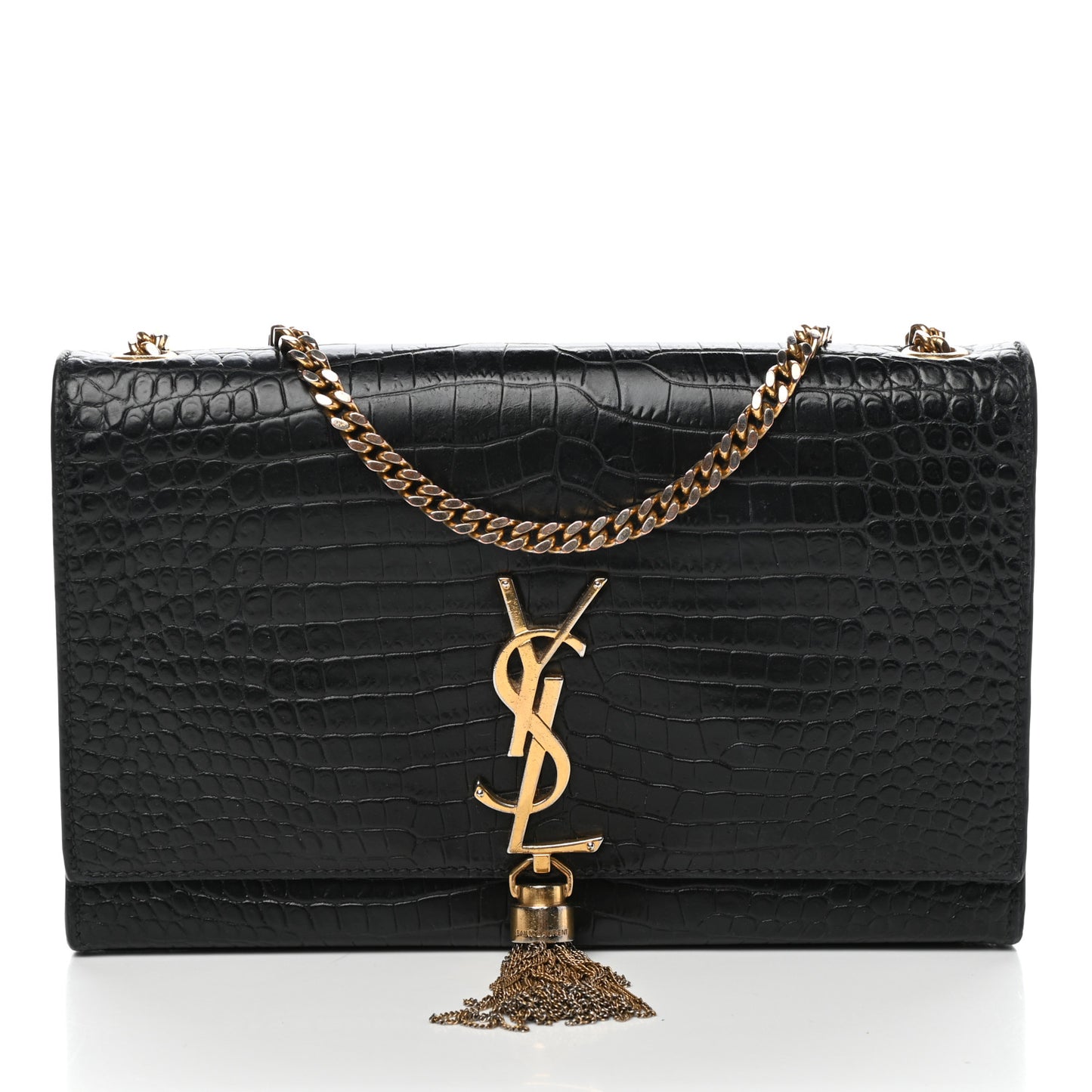 Calfskin Crocodile Embossed Medium Classic Monogram Kate Tassel Satchel Black
