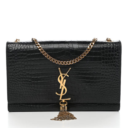 Saint Laurent Calfskin Crocodile Embossed Medium Classic Monogram Kate Tassel Satchel Black 3 of 13