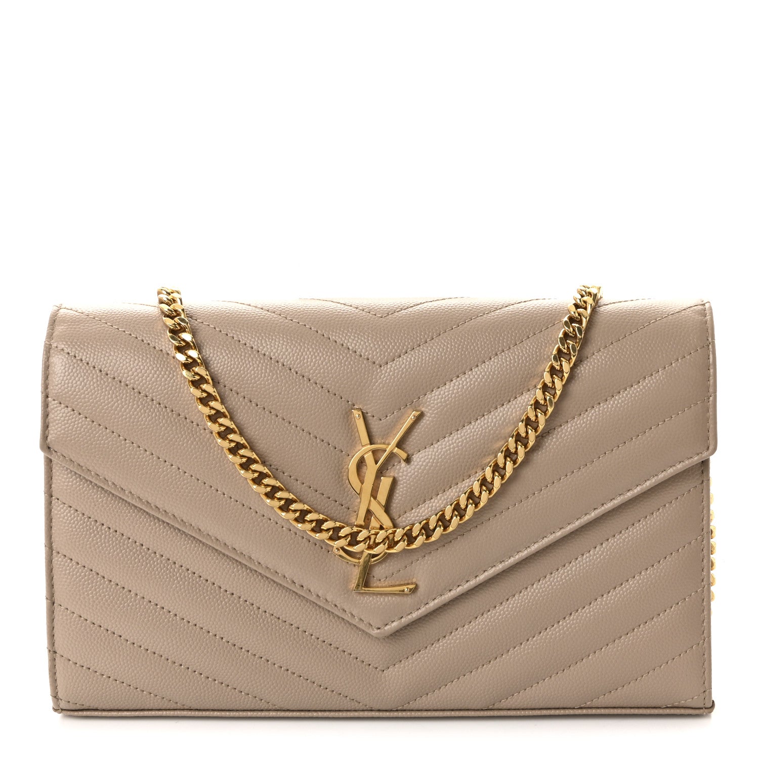 Saint Laurent Grain De Poudre Matelasse Chevron Monogram Chain Wallet Dark Beige 1 of 10