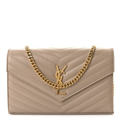Saint Laurent Grain De Poudre Matelasse Chevron Monogram Chain Wallet Dark Beige 1 of 10