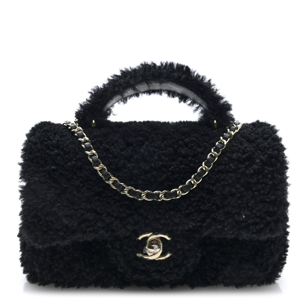 Shearling Quilted Mini Top Handle Rectangular Flap Black