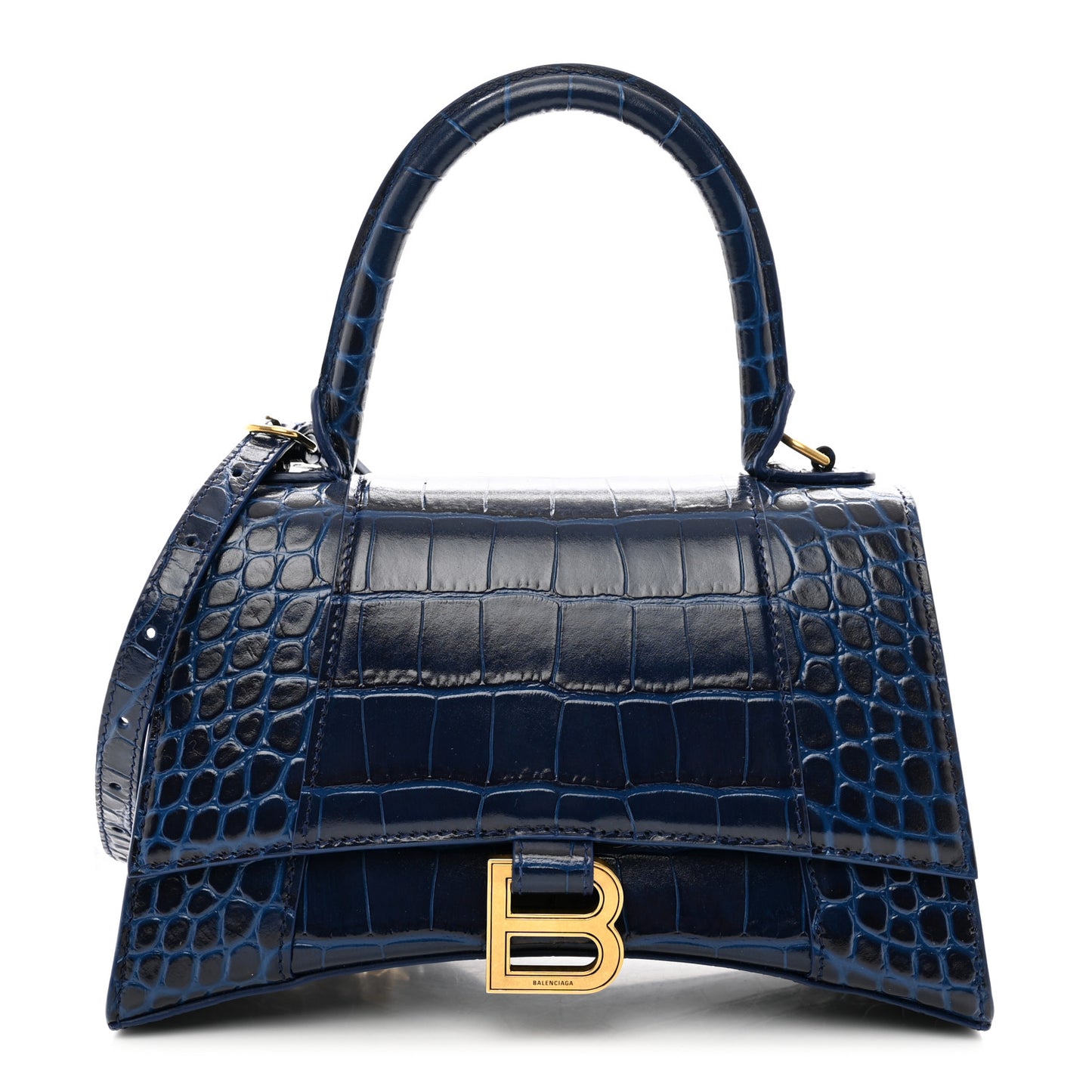 Shiny Calfskin Crocodile Embossed Small Hourglass Top Handle Bag Navy