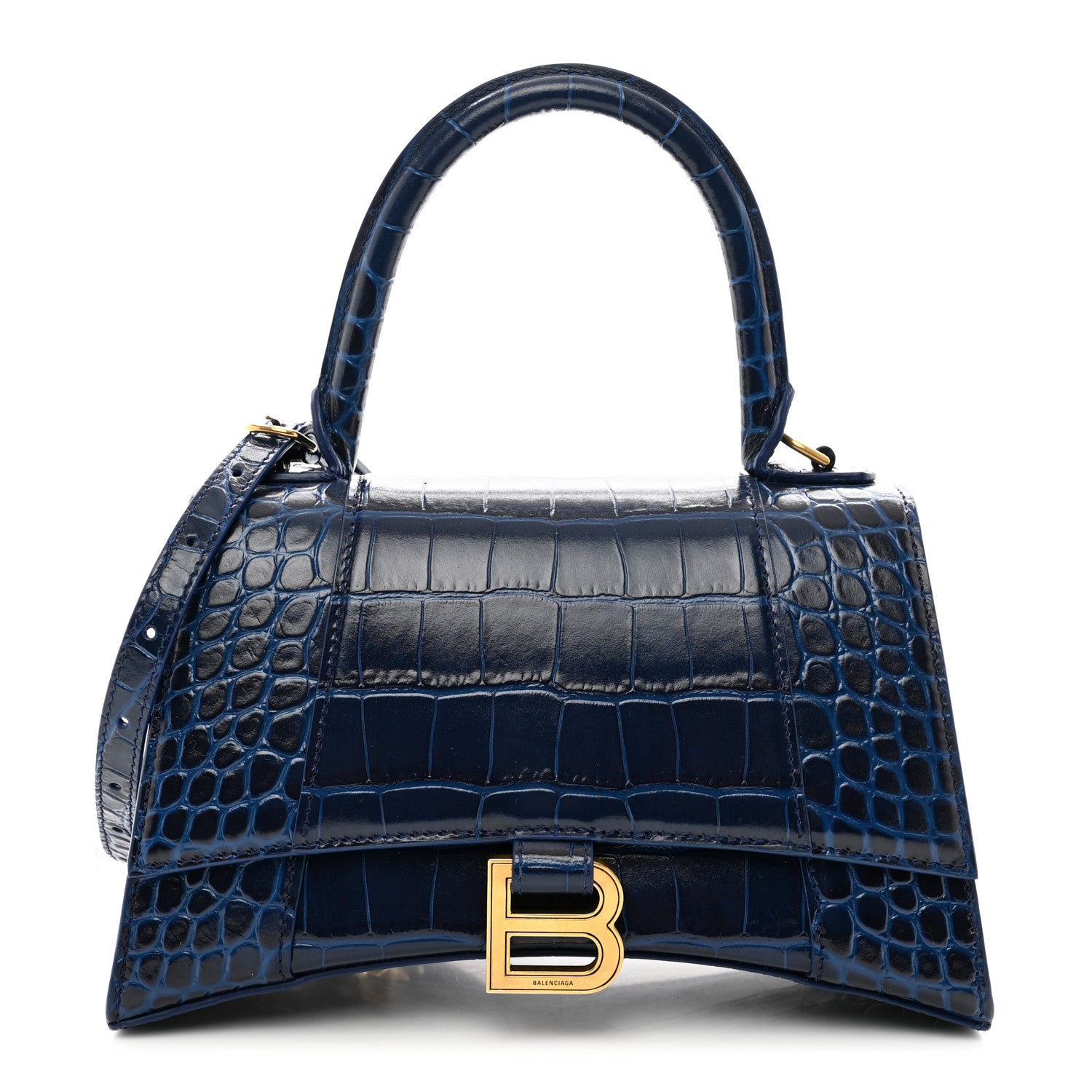 Balenciaga Shiny Calfskin Crocodile Embossed Small Hourglass Top Handle Bag Navy 1 of 12