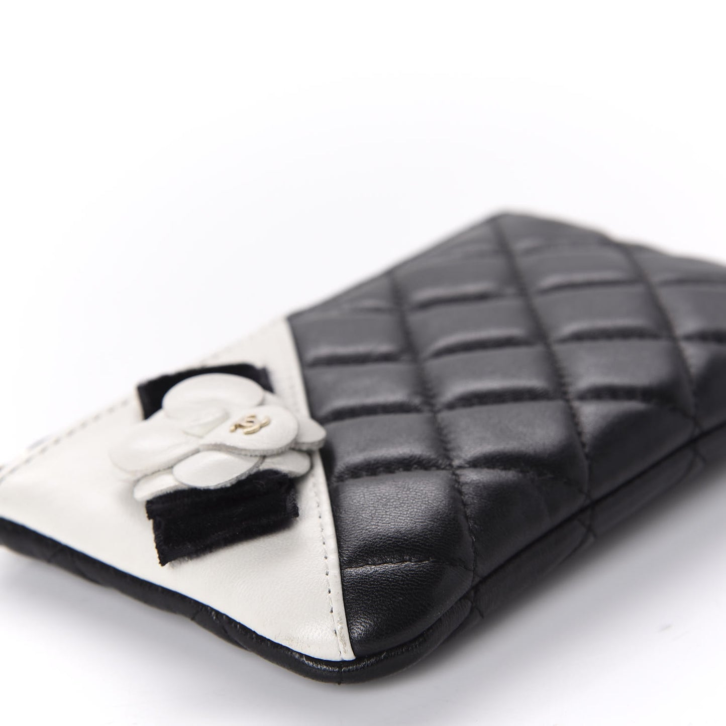 Lambskin Quilted Small Camellia Cosmetic Pouch Black White
