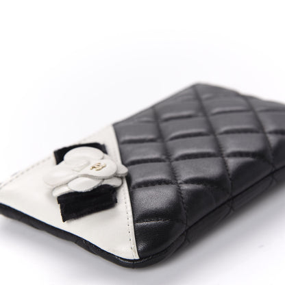 Chanel Lambskin Quilted Small Camellia Cosmetic Pouch Black White 6 of 9
