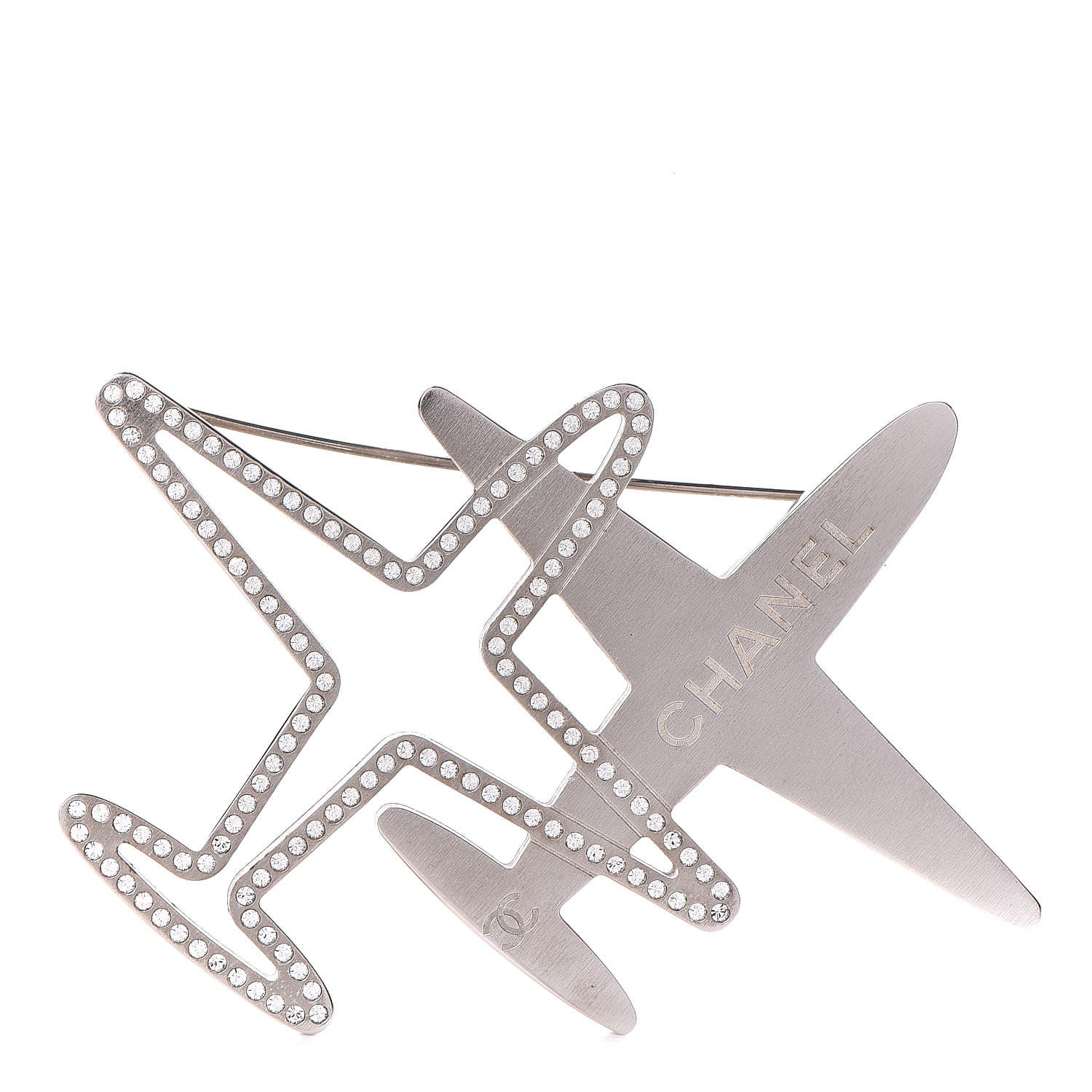 Chanel Crystal Metal CC Airplane Brooch Silver 1 of 6