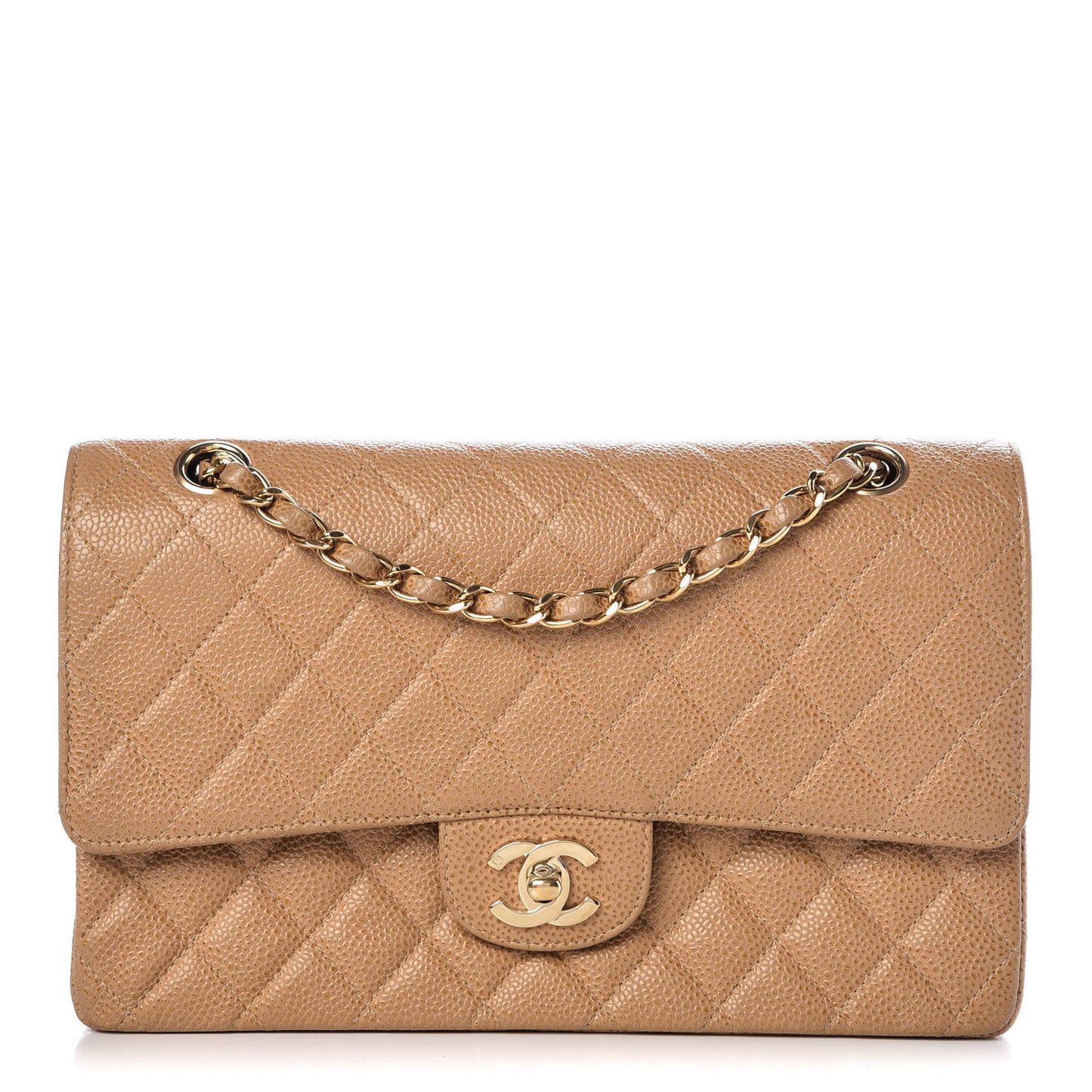 Caviar Quilted Medium Double Flap Beige
