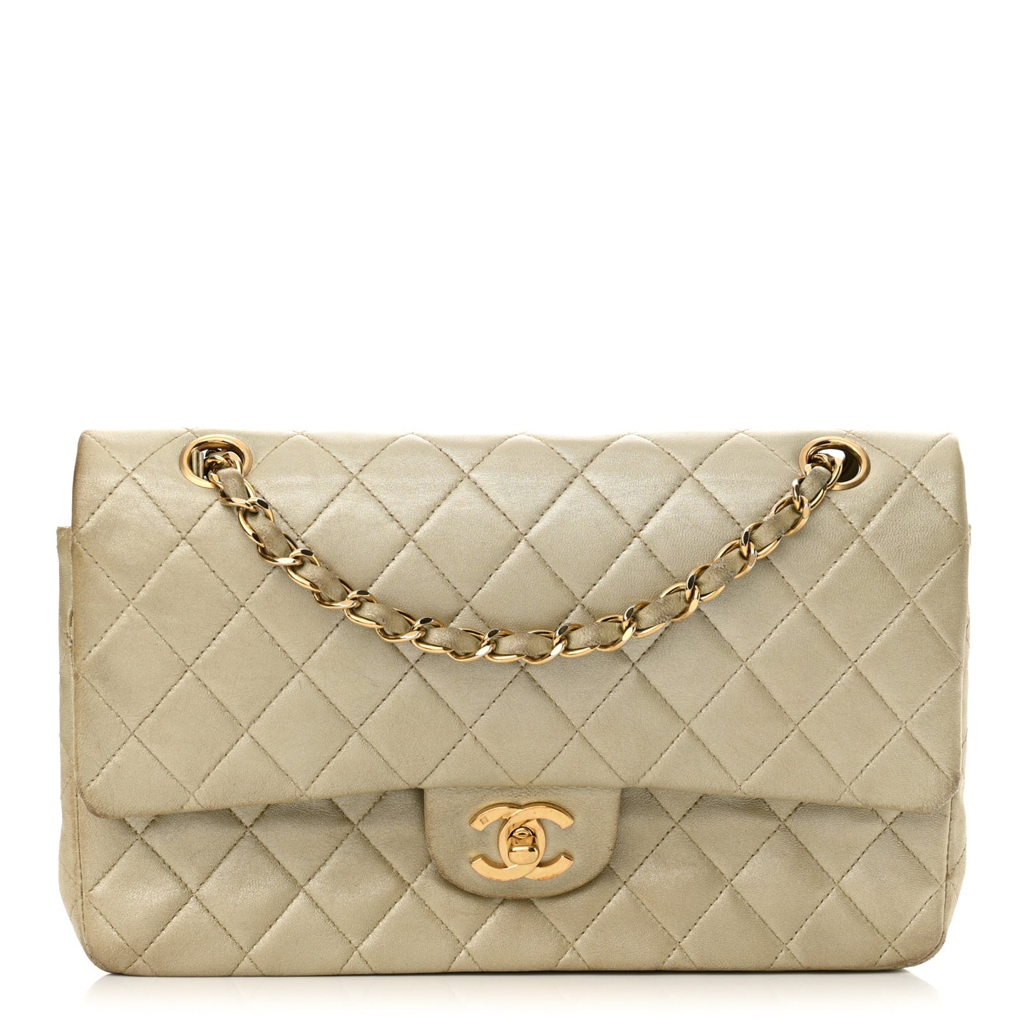 Metallic Lambskin Quilted Medium Double Flap Gold