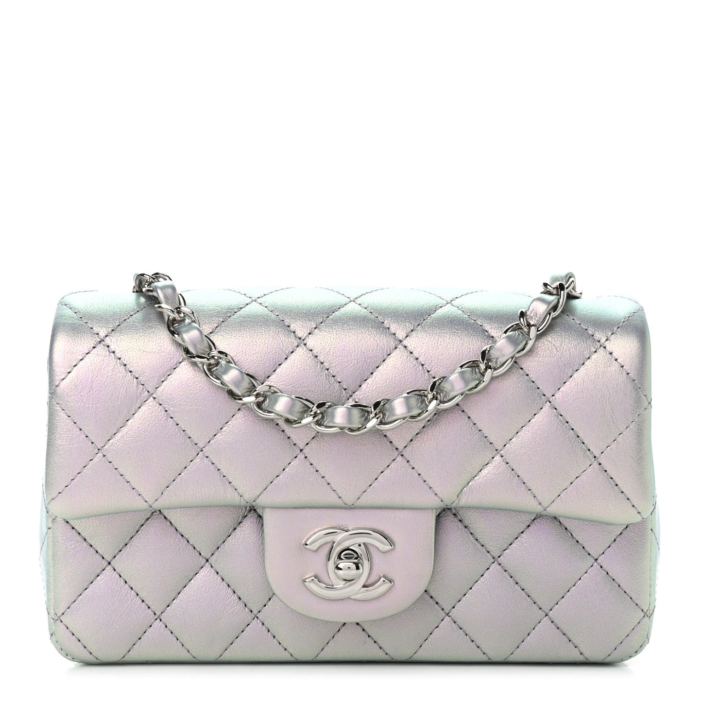 Iridescent Calfskin Quilted Mini Rectangular Flap Light Purple
