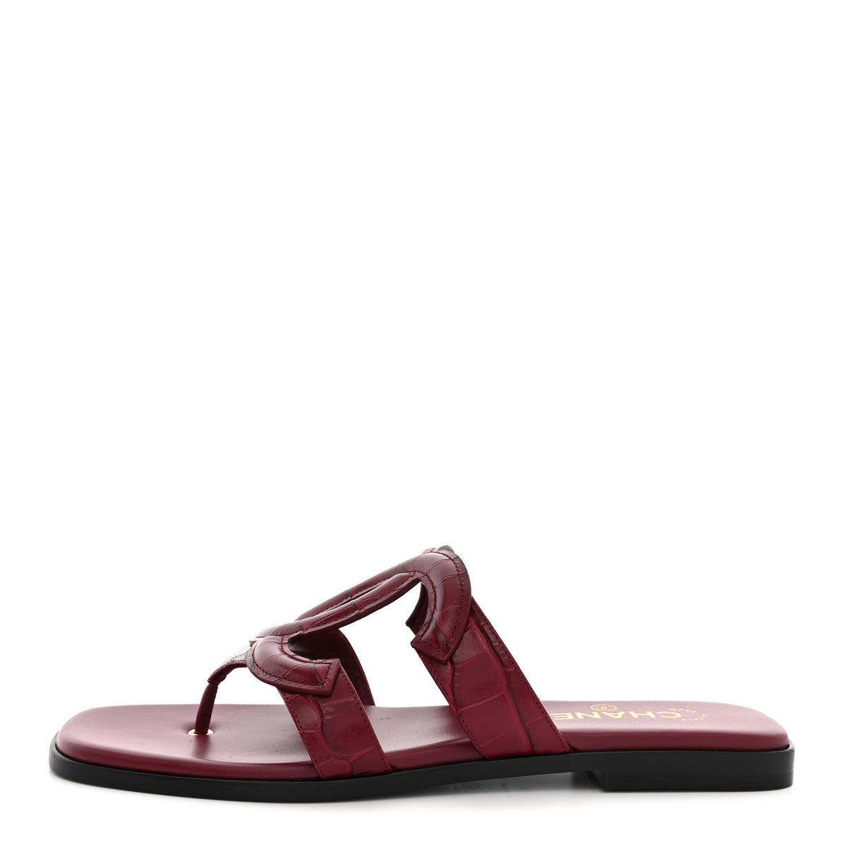 Crocodile Embossed Patent Calfskin CC Thong Sandals 40.5 Burgundy