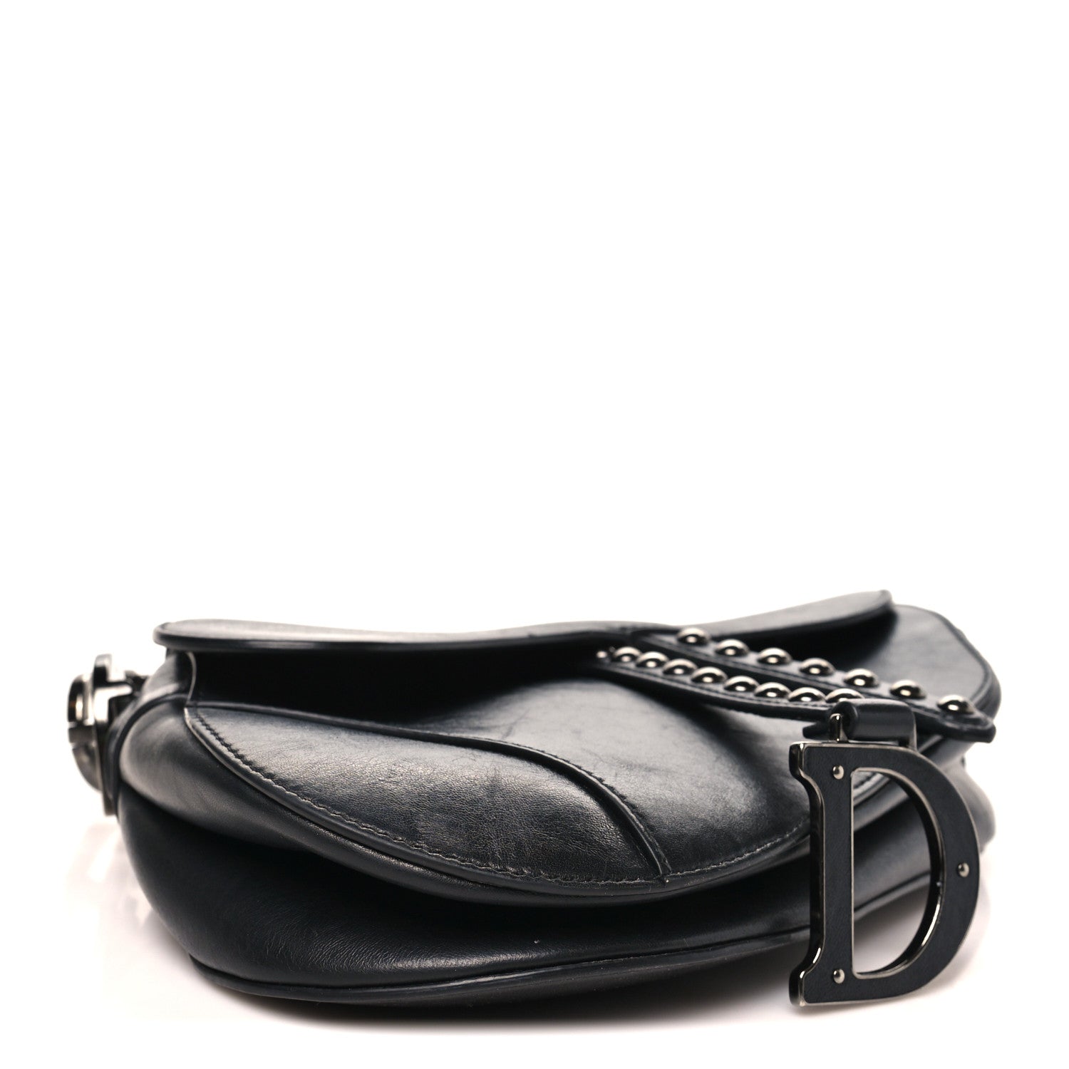 Christian Dior Shiny Crinkled Calfskin Studded Saddle Bag Black 4 of 10