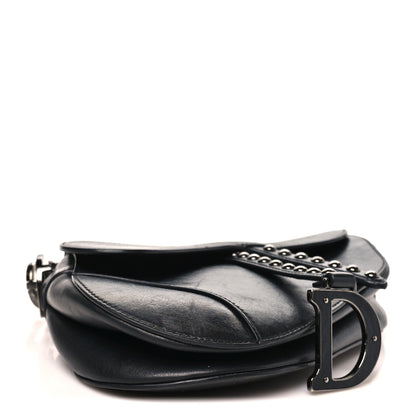 Christian Dior Shiny Crinkled Calfskin Studded Saddle Bag Black 4 of 10