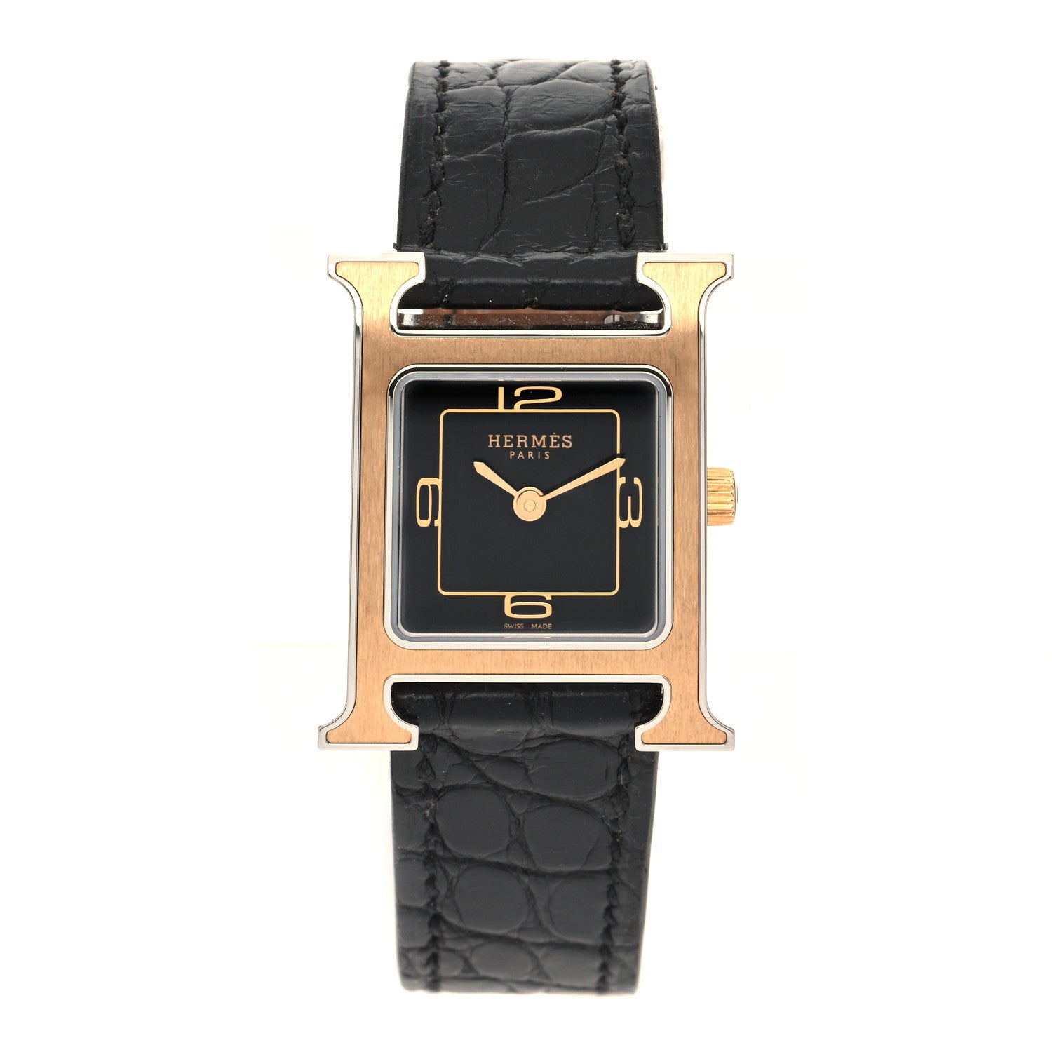 Hermes Stainless Steel Matte Alligator 21mm Heure H Hour Quartz Watch Noir 1 of 5