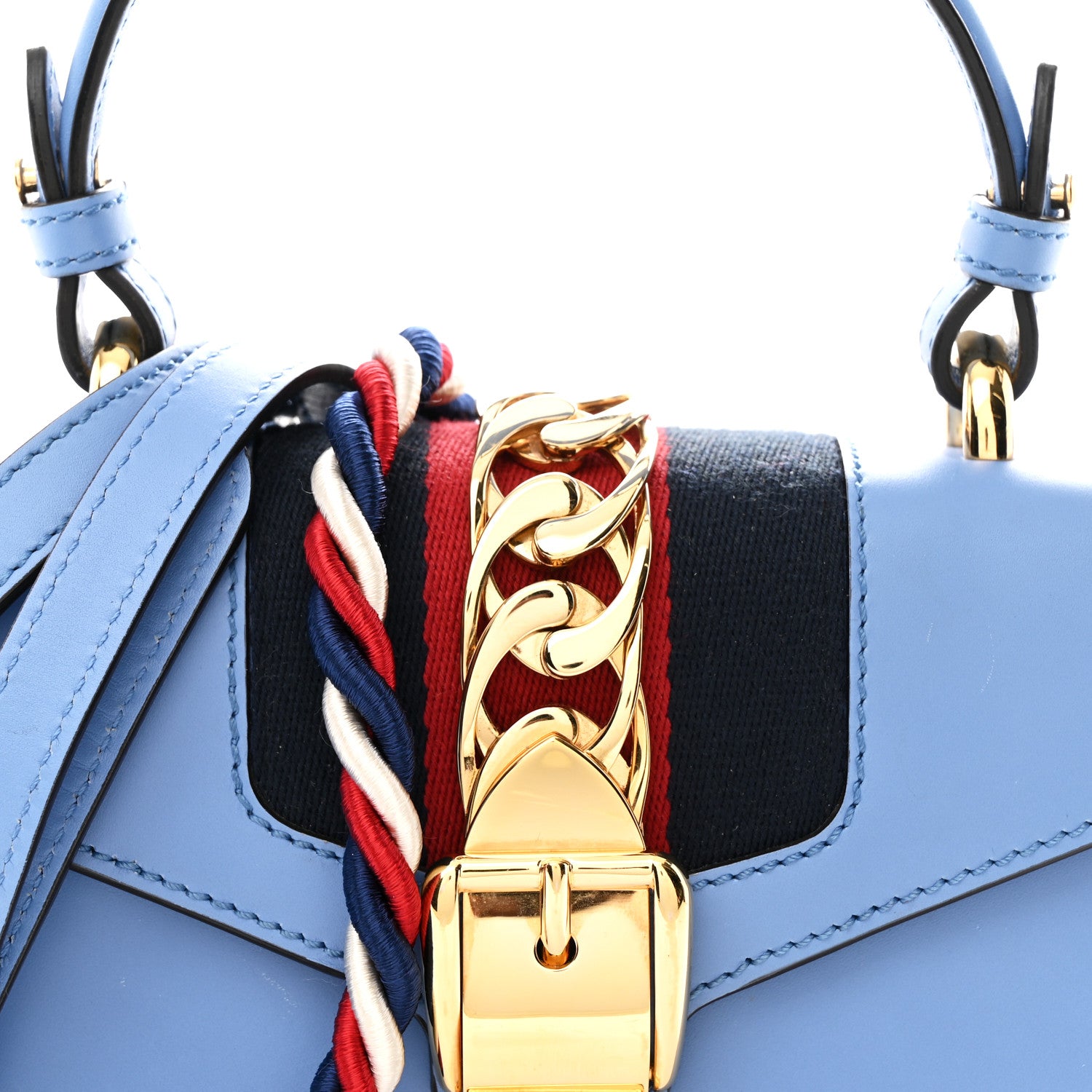 Gucci Vitello Fontanella Web Mini Sylvie Top Handle Bag Clear Sky Blue 8 of 13