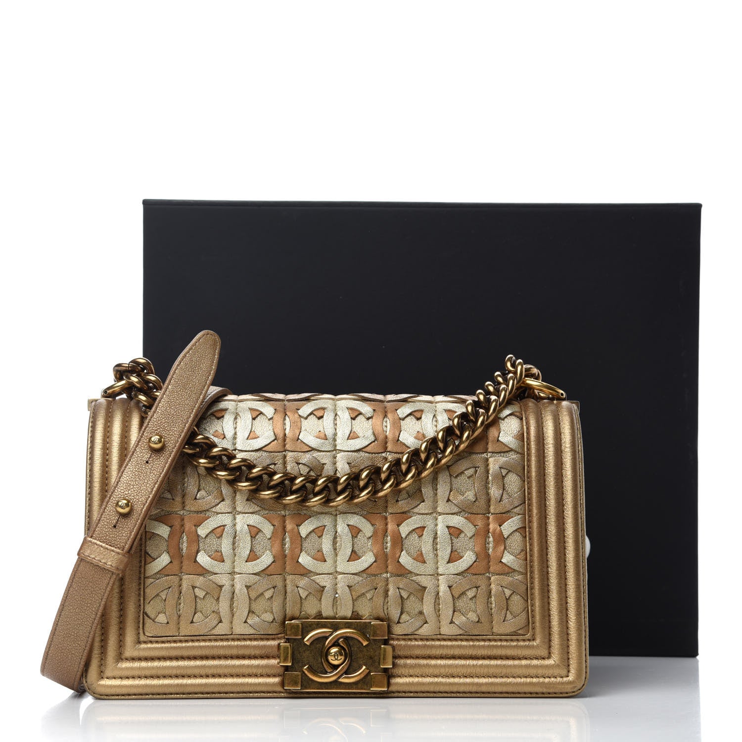 Chanel Metallic Lambskin Medium Golden CC Boy Flap Dark Gold 12 of 12