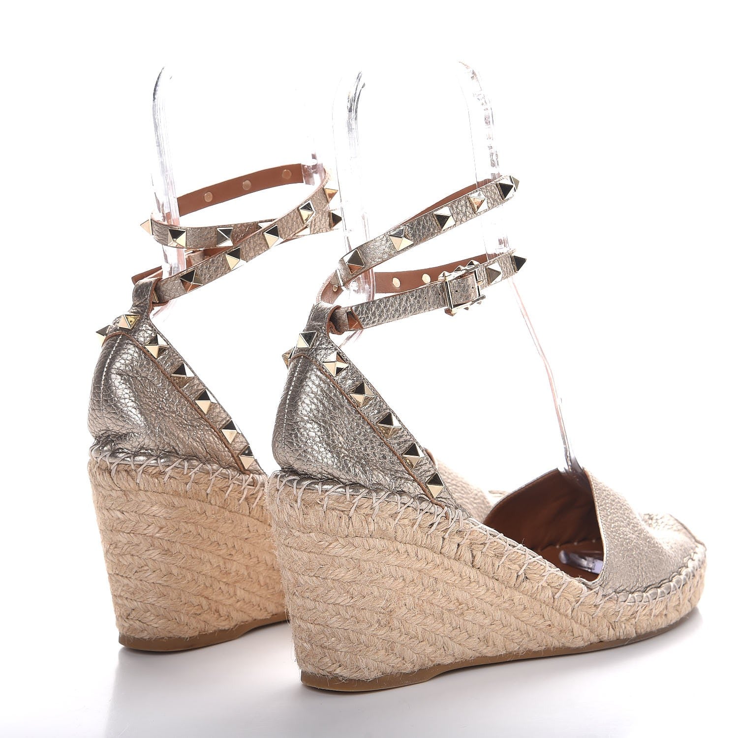 Valentino Garavani Metallic Grained Calfskin Rockstud Ankle Wrap Espadrille 15/85mm Wedges 40 Skin 4 of 11