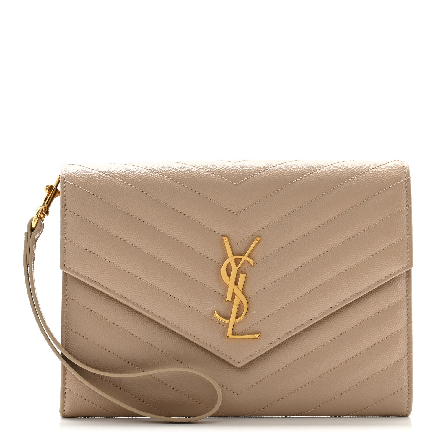 Saint Laurent Grain De Poudre Matelasse Chevron Monogram Envelope Clutch Dark Beige 1 of 8