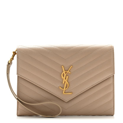 Saint Laurent Grain De Poudre Matelasse Chevron Monogram Envelope Clutch Dark Beige 1 of 8