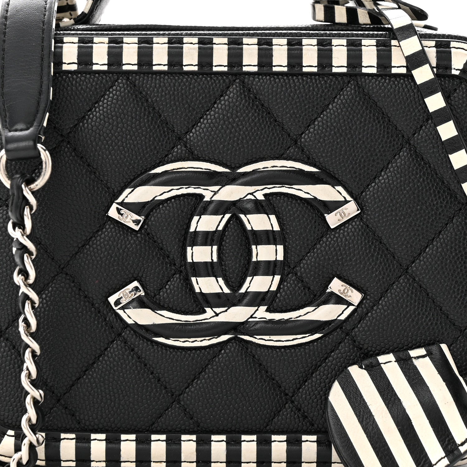 Chanel Caviar Quilted Striped Small CC Filigree Vanity Case Black White 8 of 10