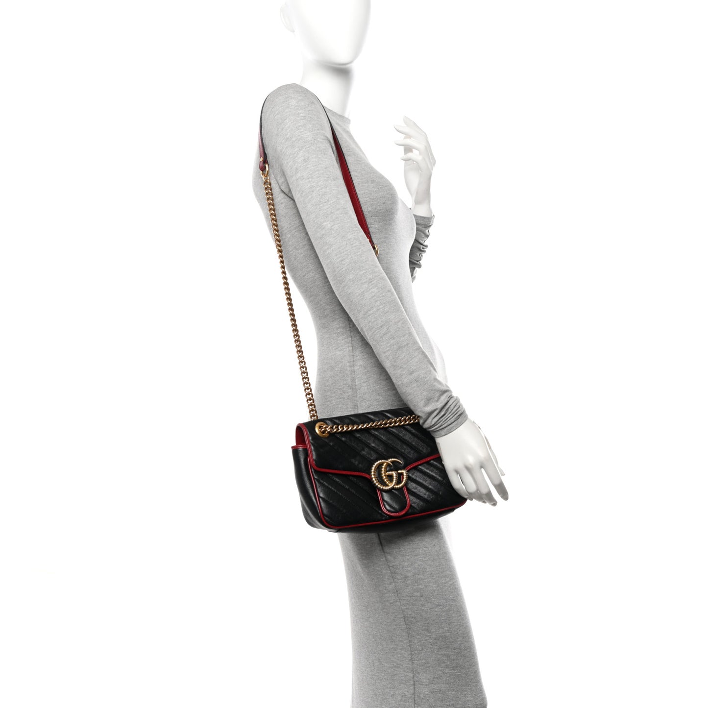 Vintage Effect Calfskin Matelasse Diagonal Small Torchon GG Marmont Shoulder Bag Black Romantic Cherry