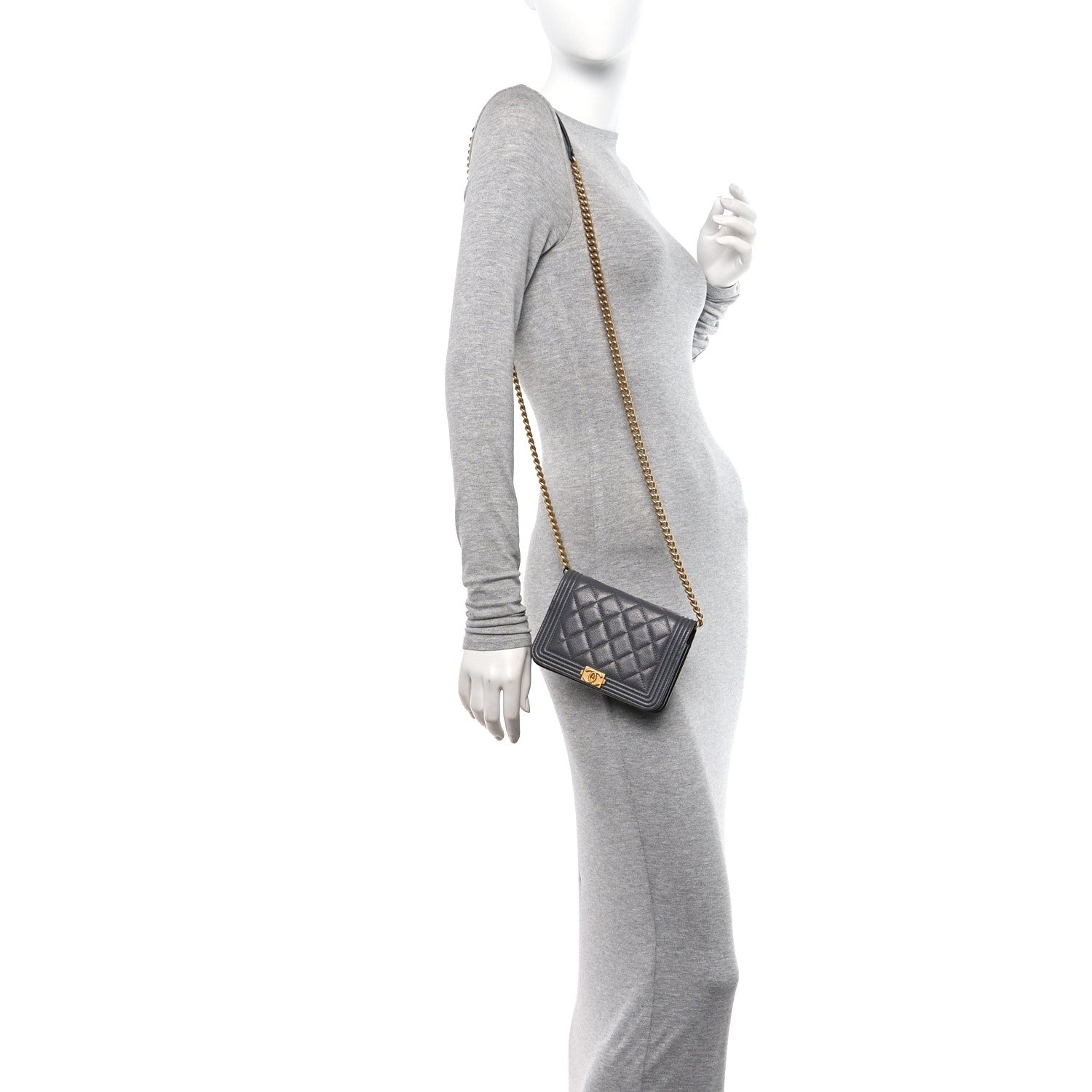 Chanel Caviar Quilted Mini Boy Wallet On Chain WOC Dark Gray 2 of 11