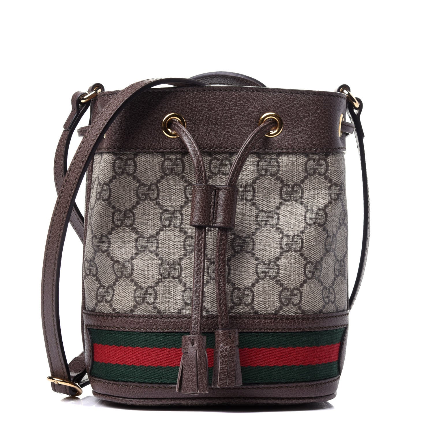 Gucci GG Supreme Monogram Web Mini Ophidia Bucket Bag Brown 1 of 10