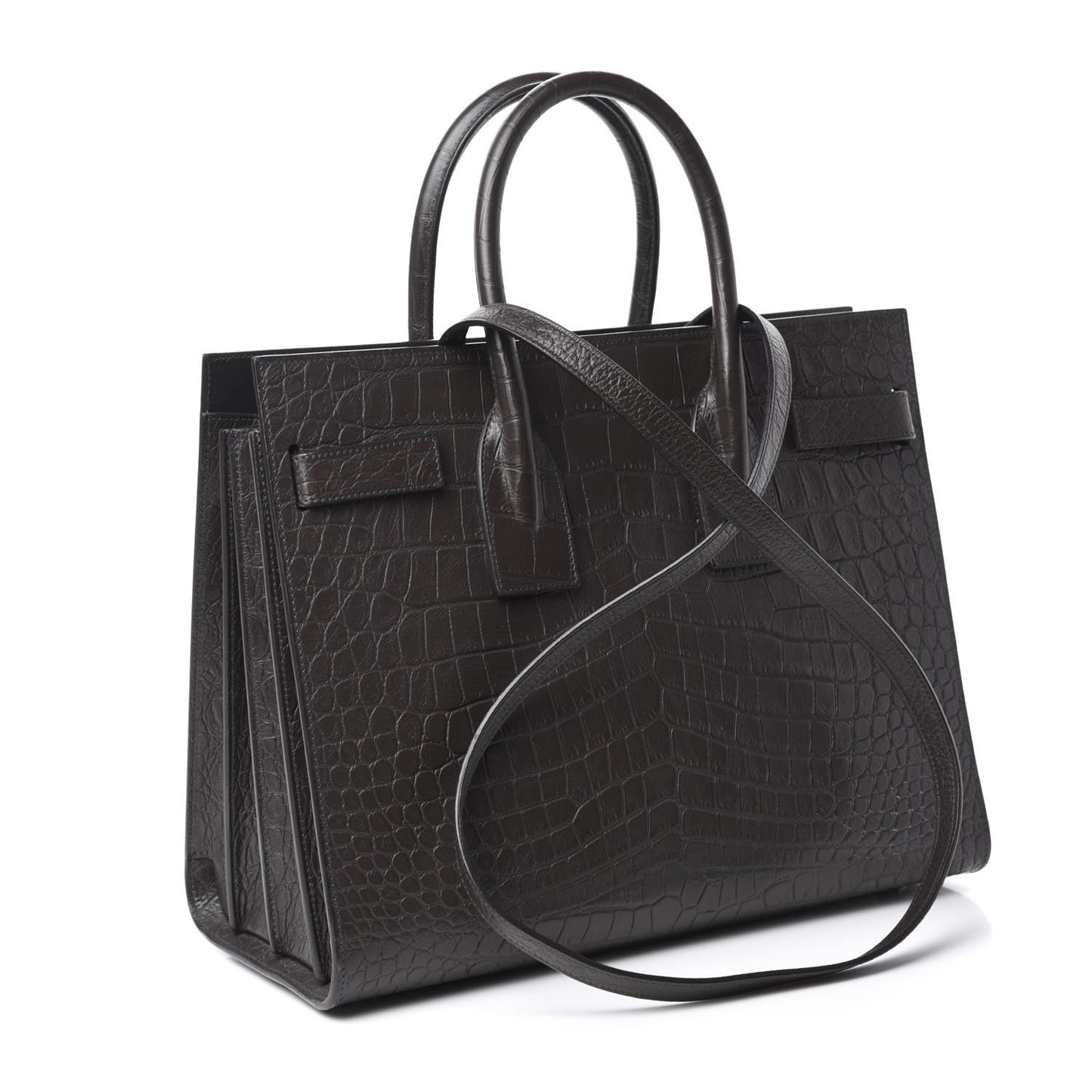 Calfskin Crocodile Embossed Small Sac De Jour Dark Brown