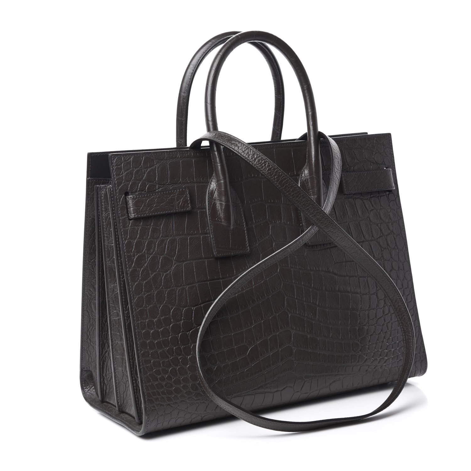 Saint Laurent Calfskin Crocodile Embossed Small Sac De Jour Dark Brown 3 of 9
