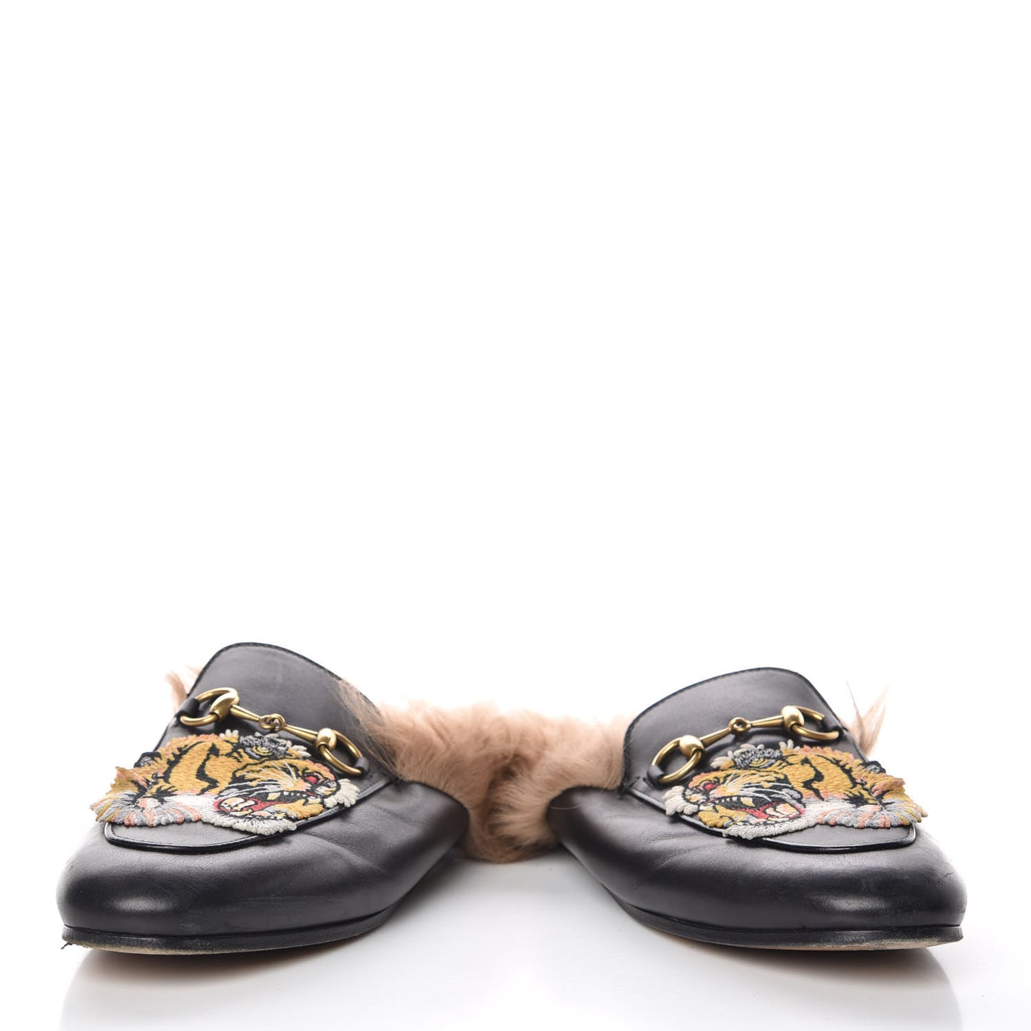 Calfskin Fur Tiger Embroidered Womens Princetown Slippers 36 Black