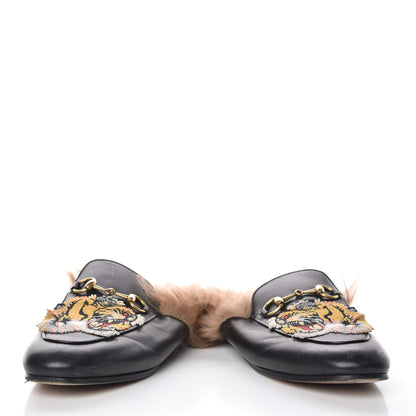 Gucci Calfskin Fur Tiger Embroidered Womens Princetown Slippers 36 Black 6 of 16