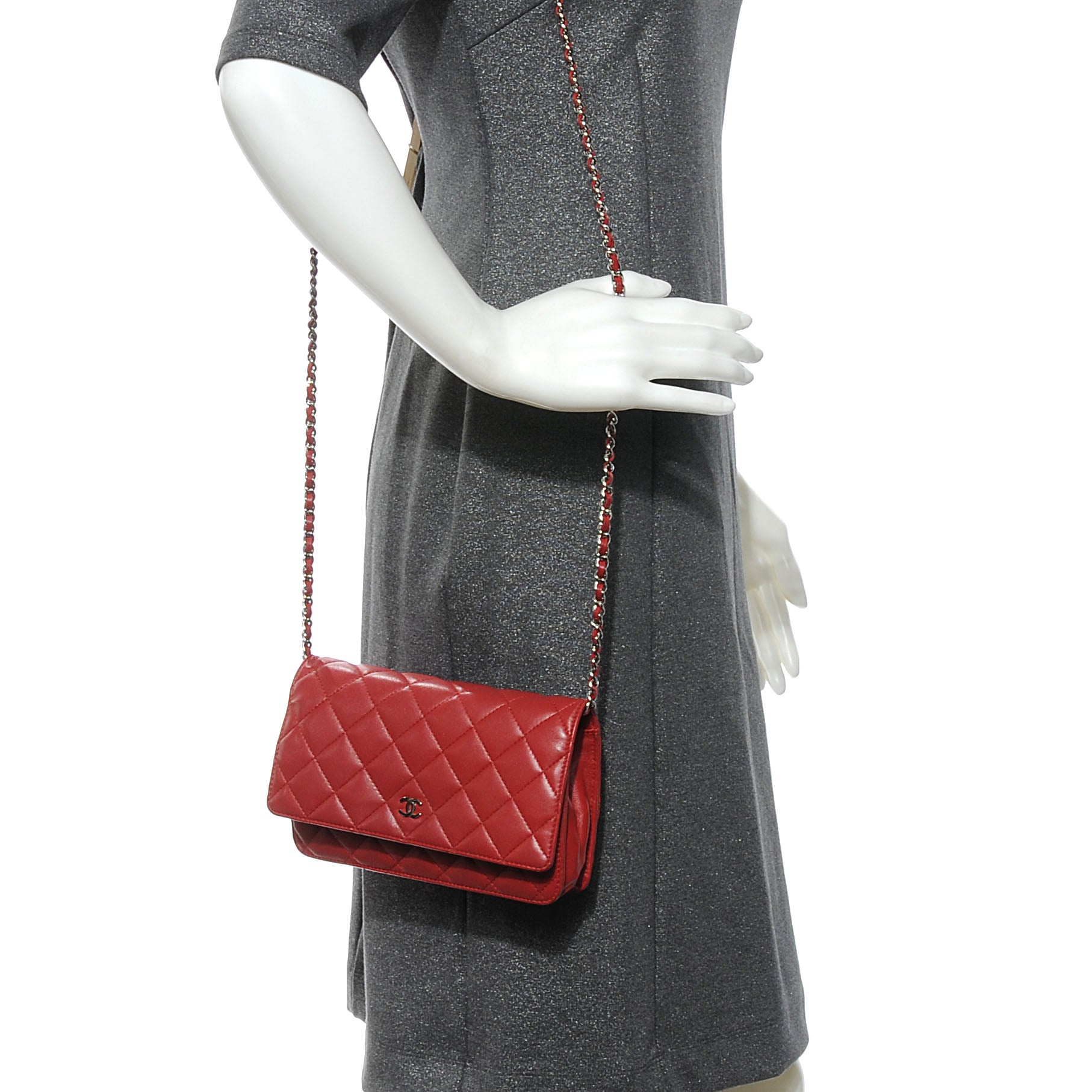 Chanel Lambskin Quilted Wallet On Chain WOC Red 2 of 8