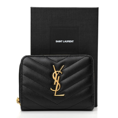 Saint Laurent Grain De Poudre Matelasse Chevron Monogram Compact Zip Around Wallet Black 9 of 9