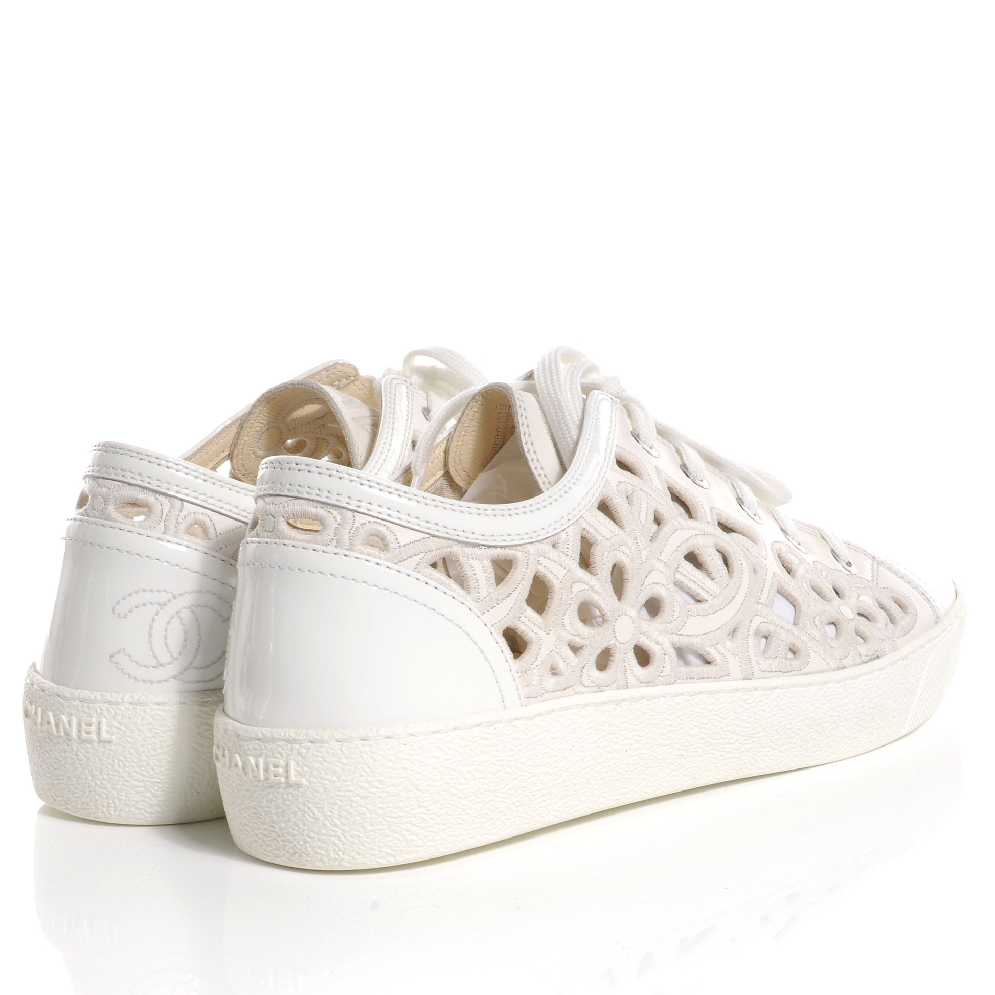Chanel Patent Grained Goatskin Hollow Out Flower Sneakers 39 White 4 of 6