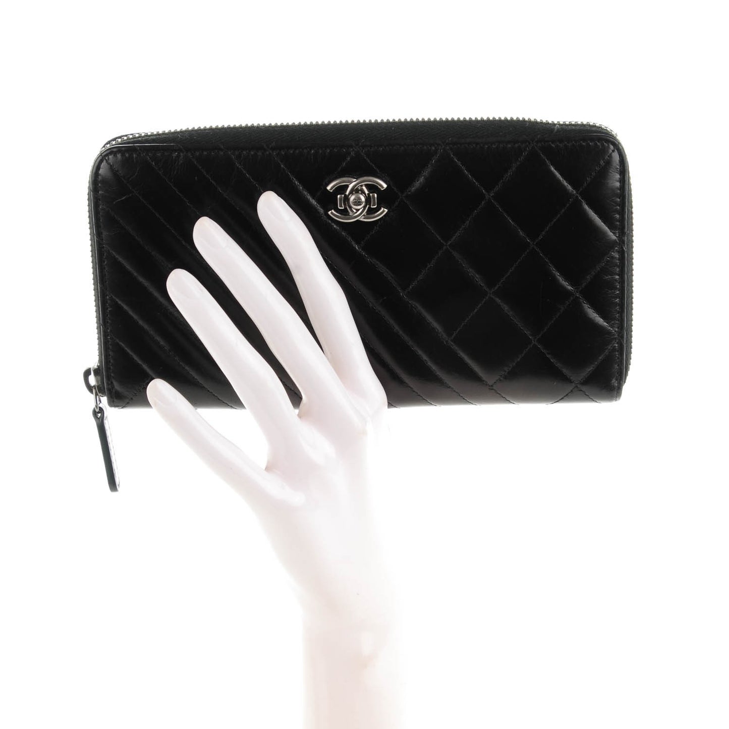 Glazed Calfskin Coco Boy Large Gusset Zip Around Wallet Black