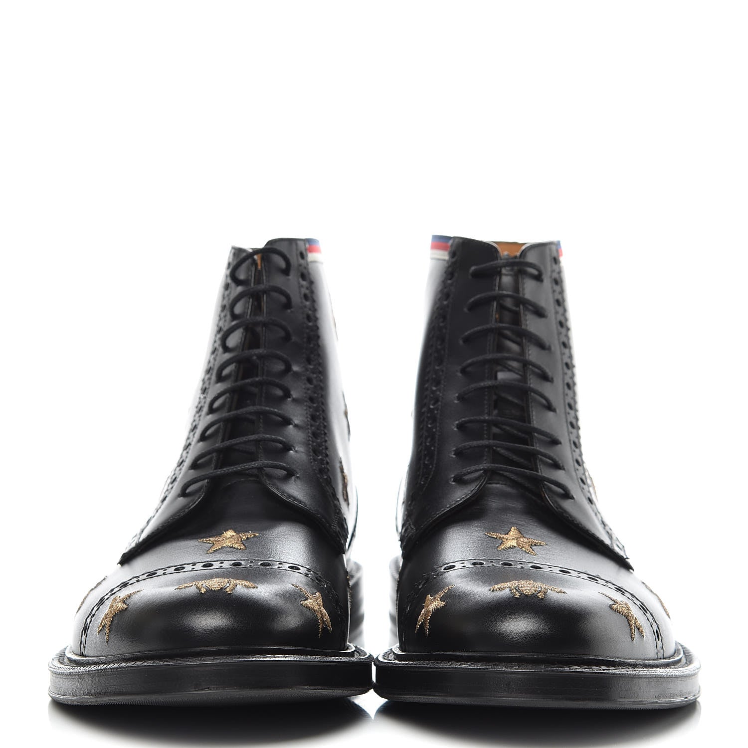 Gucci Calfskin Sylvie Web Bee Star Embroidered Mens Brogue Captoe Boots 7 Black 2 of 9