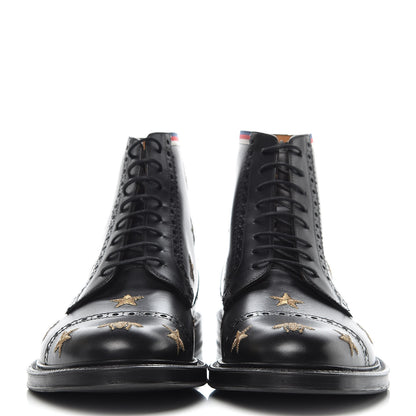 Gucci Calfskin Sylvie Web Bee Star Embroidered Mens Brogue Captoe Boots 7 Black 2 of 9