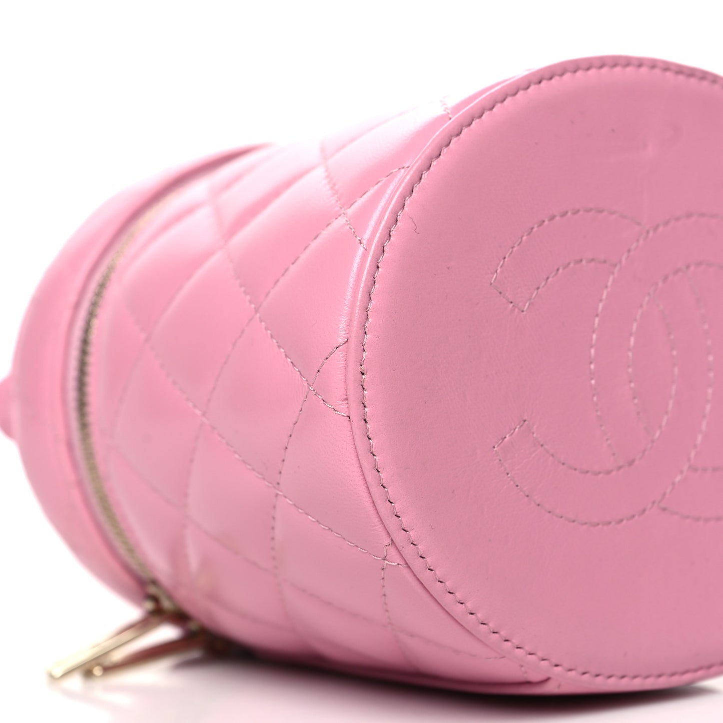 Lambskin Quilted Ruched Handle Vanity Case Pink