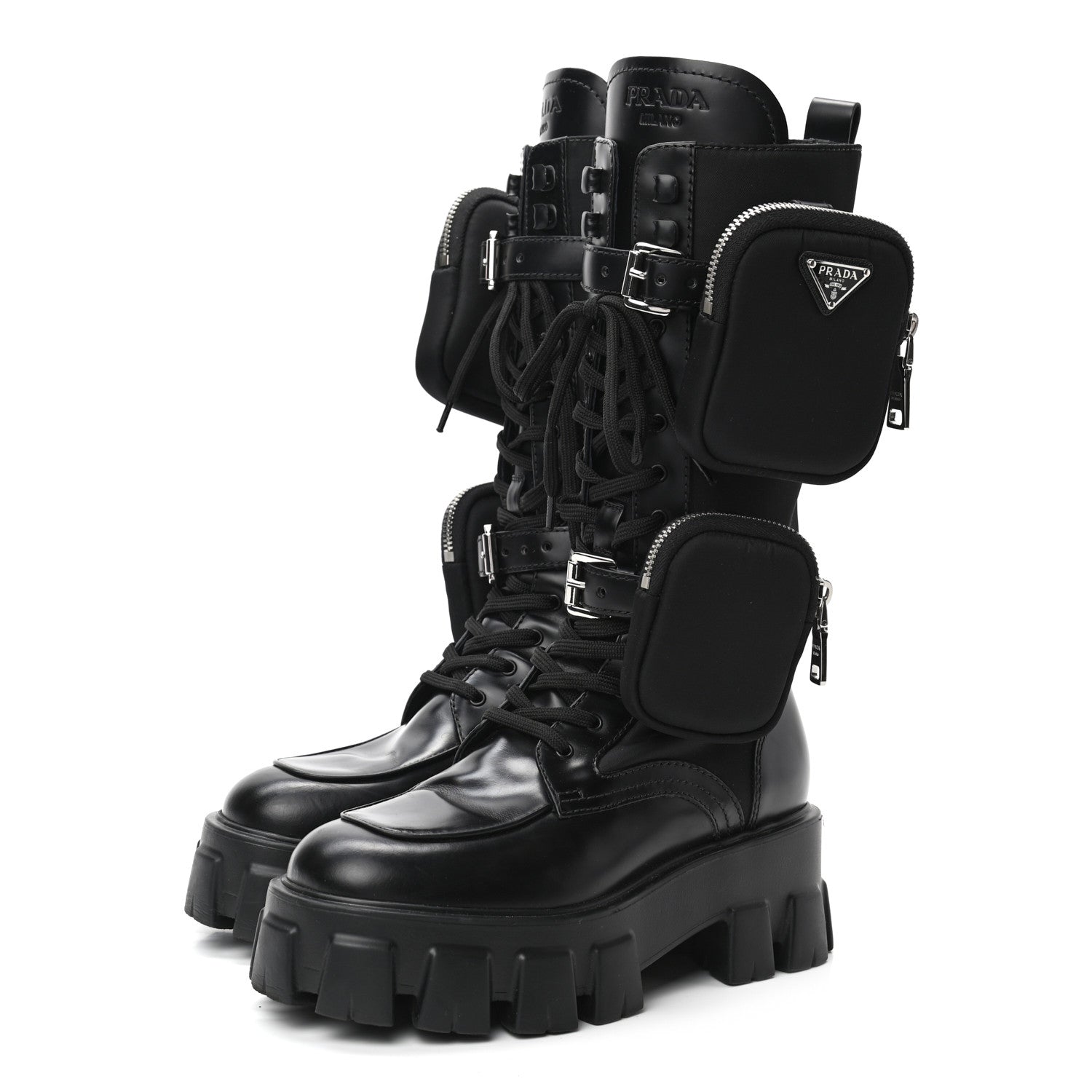 Prada Spazzolato Rois Re-Nylon Metal Triangle Logo Monolith Pouch Pocket 55mm Tall Combat Boots 36.5 Black 3 of 8