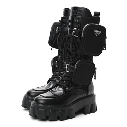 Prada Spazzolato Rois Re-Nylon Metal Triangle Logo Monolith Pouch Pocket 55mm Tall Combat Boots 36.5 Black 3 of 8