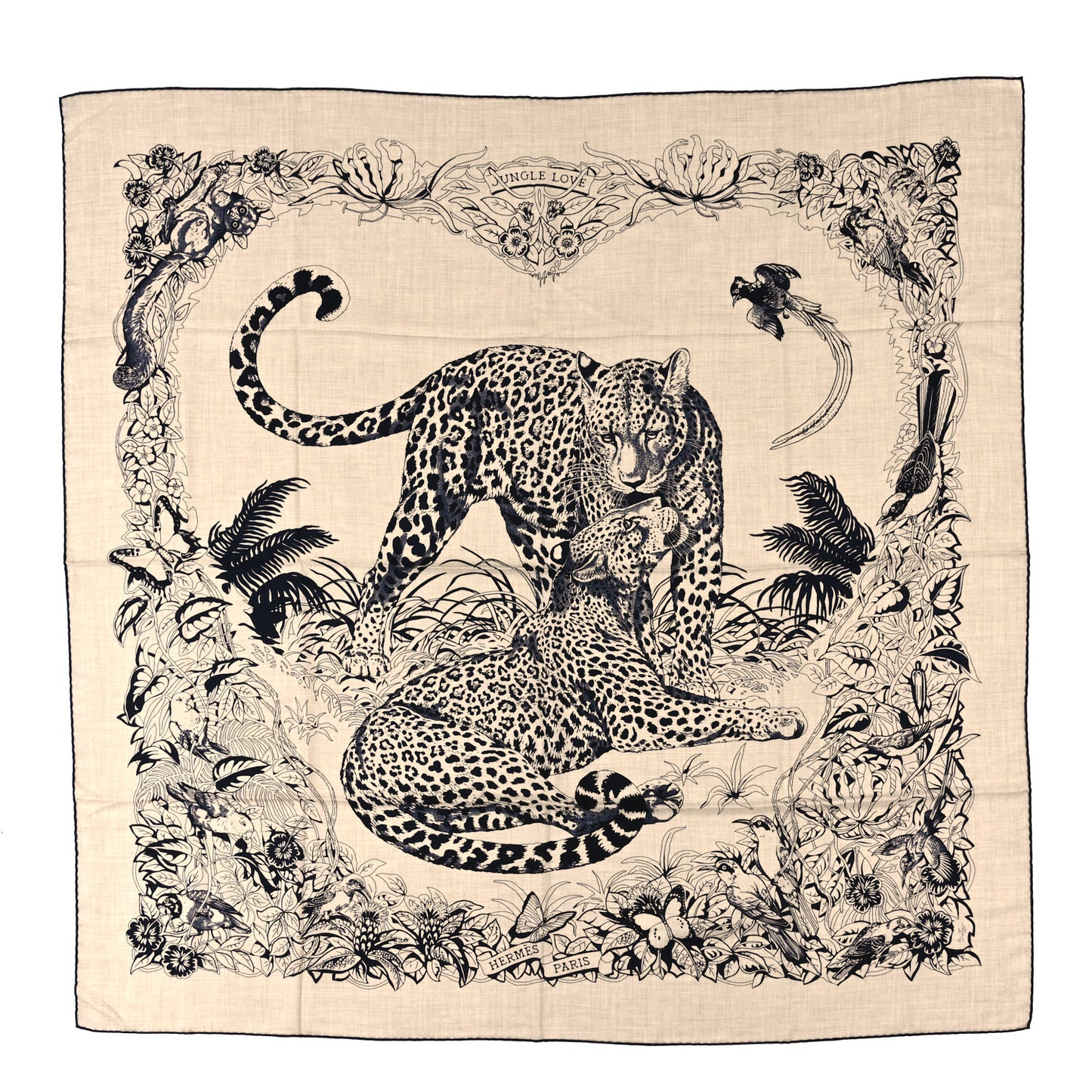 Cashmere Silk Jungle Love Tattoo Shawl 140 Natural Bleu Black