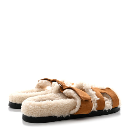 Hermes Suede Goatskin Woolskin Womens Chypre Sandals 37.5 Brun Fume Ecru 4 of 8