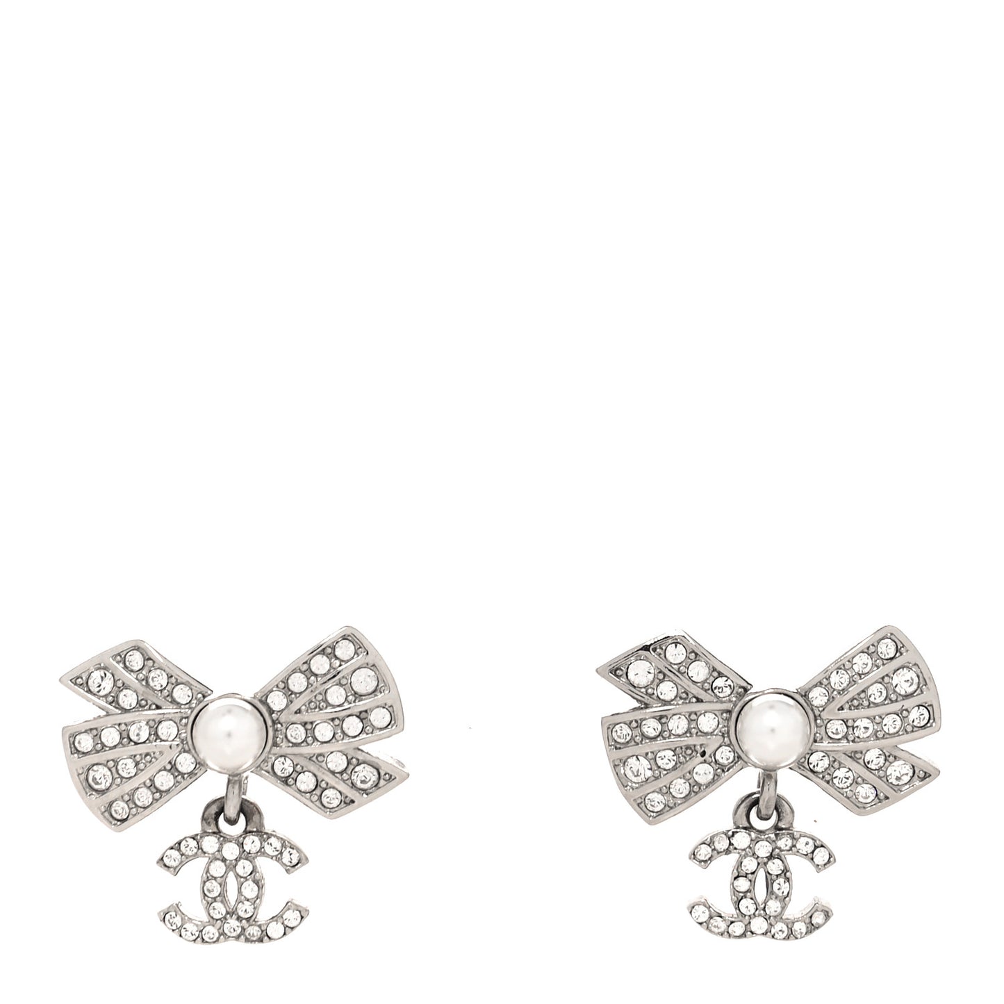 Crystal Pearl Bow CC Drop Earrings Silver