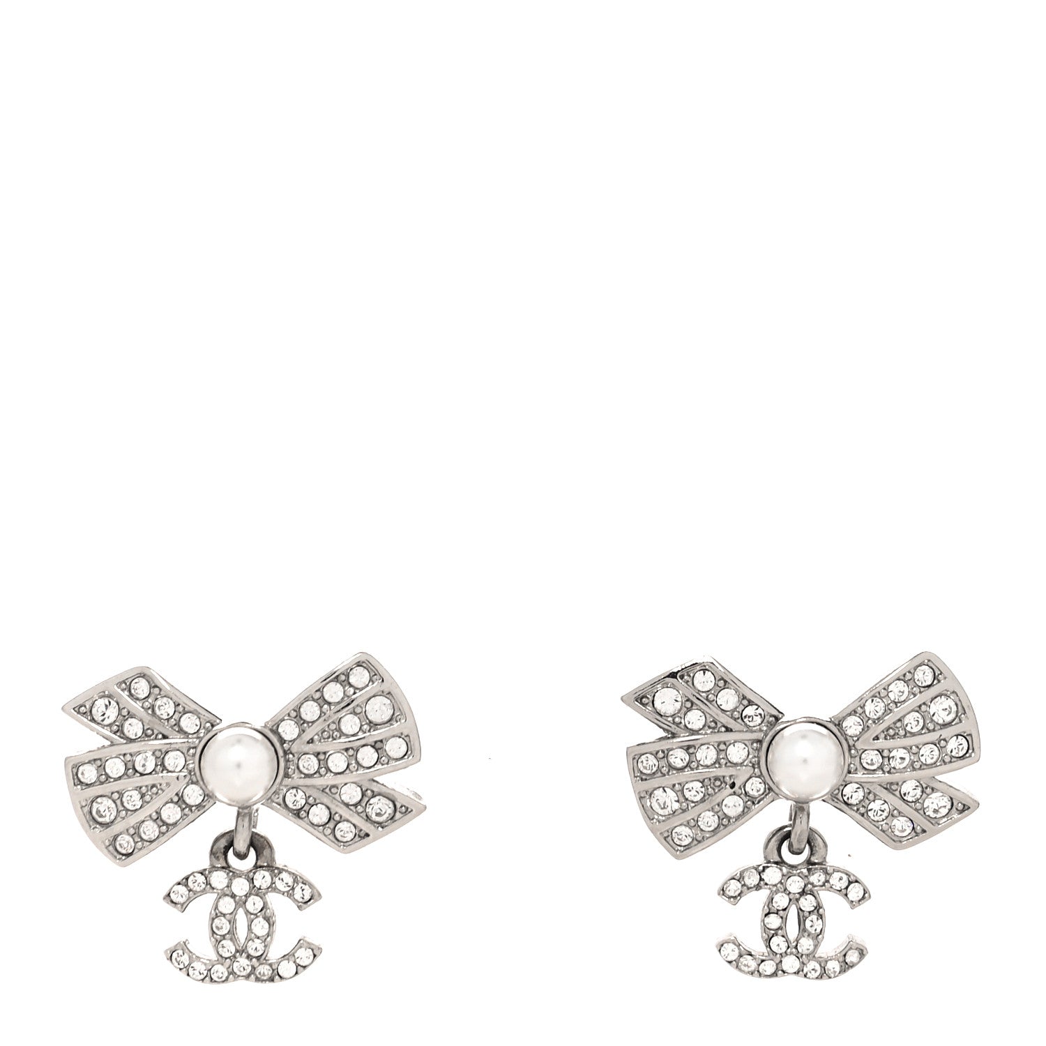 Chanel Crystal Pearl Bow CC Drop Earrings Silver 1 of 4