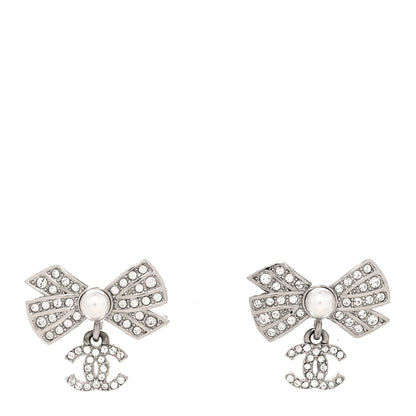 Chanel Crystal Pearl Bow CC Drop Earrings Silver 1 of 4