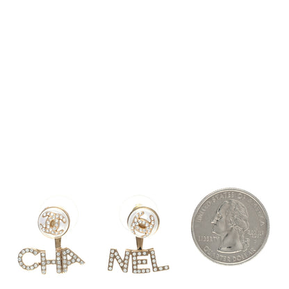 Chanel Pearl Crystal Logo Earrings Gold Pearly White 2 of 5