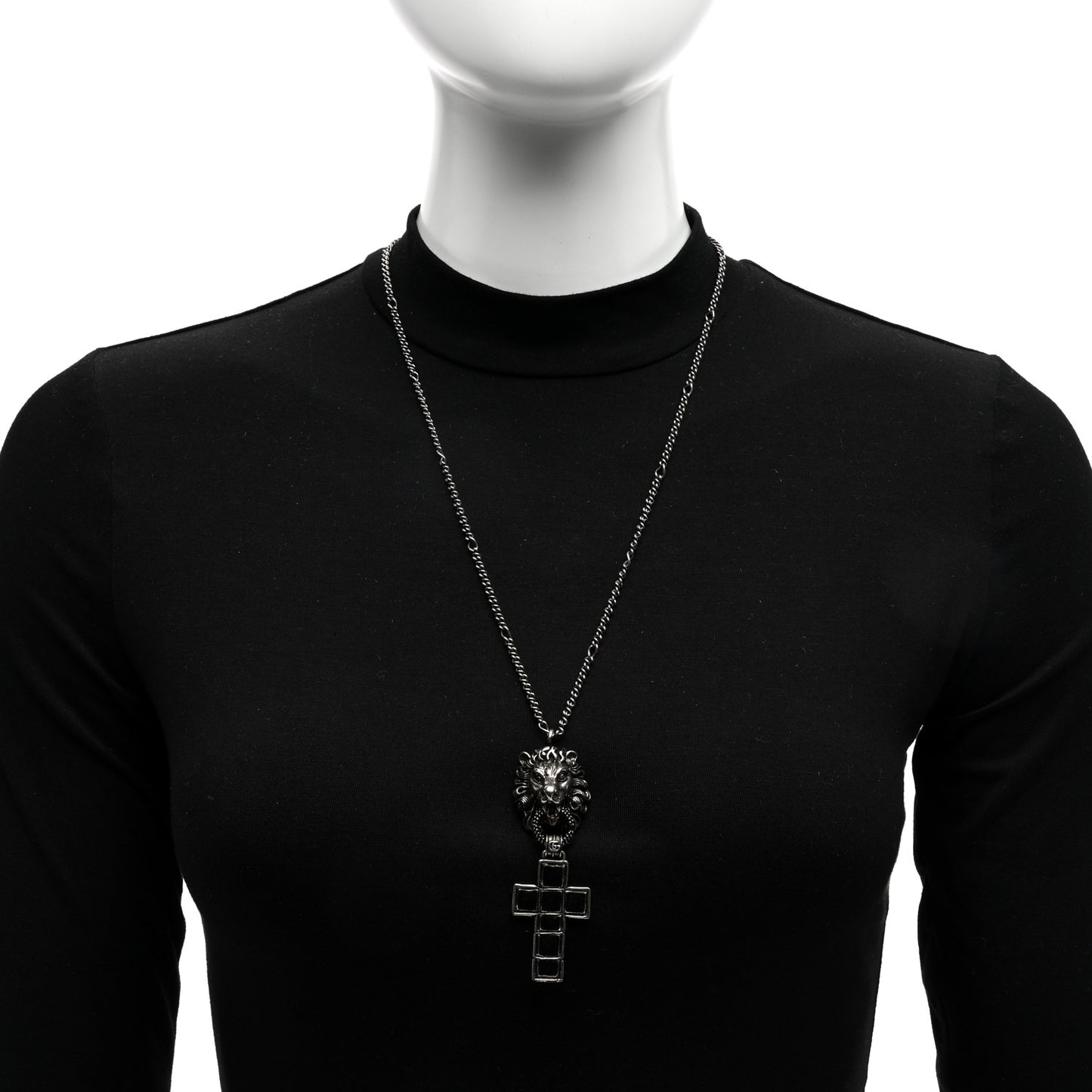 Enamel Brass Lion Head Crucifix Necklace Black