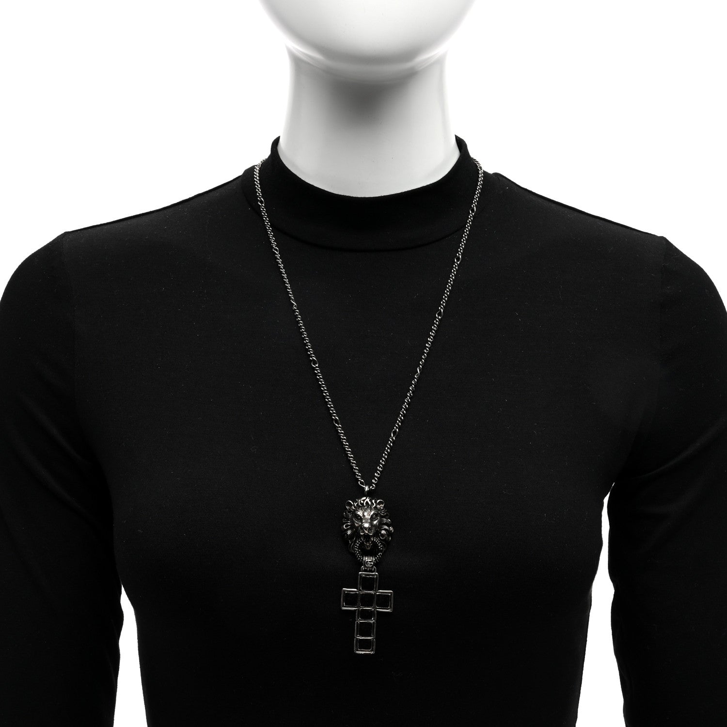 Gucci Enamel Brass Lion Head Crucifix Necklace Black 2 of 4