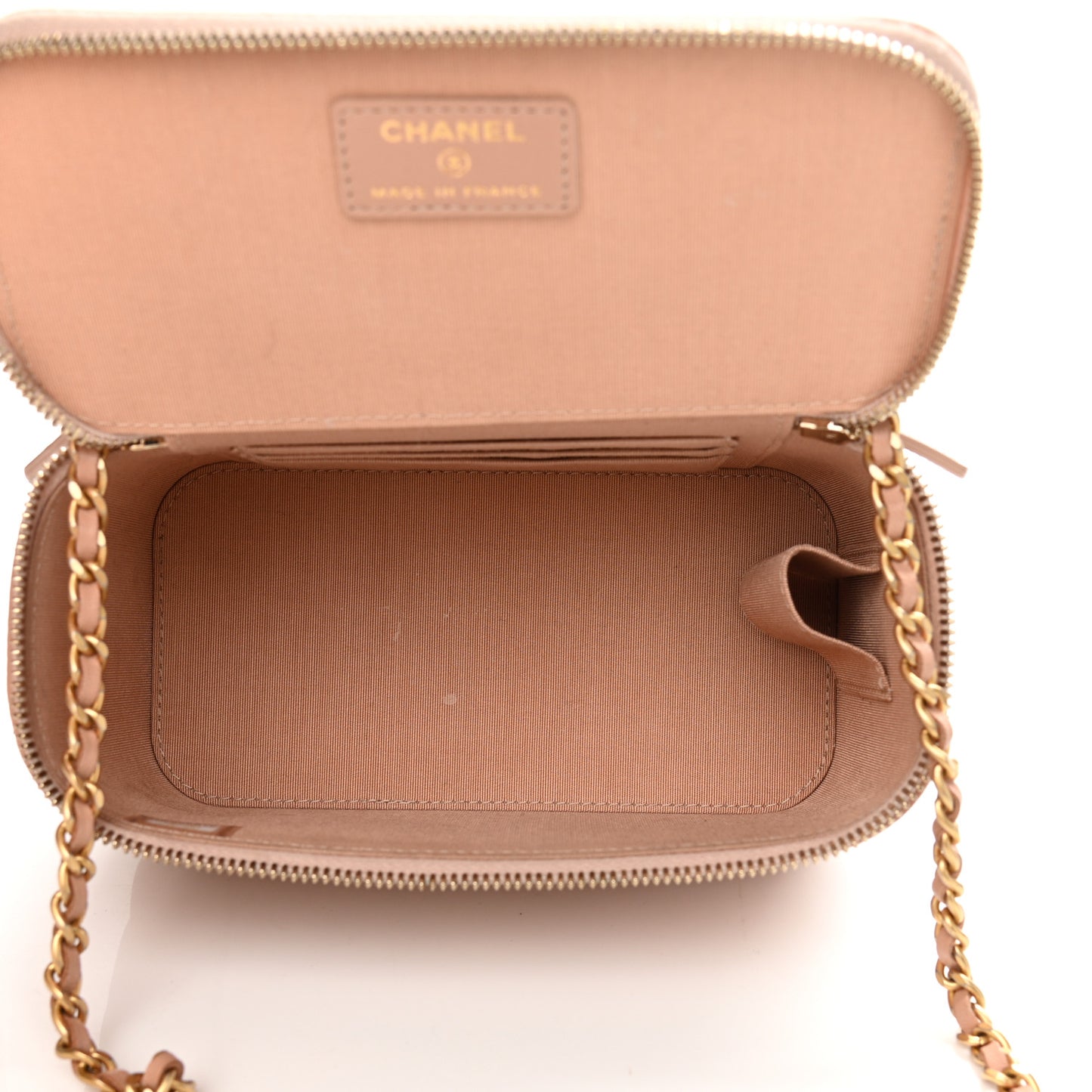 Lambskin Quilted Small Top Handle Vanity Case With Chain Beige